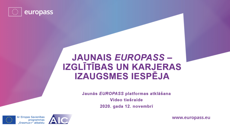 Video tiešraides "Jaunais EUROPASS – izglītības un karjeras izaugsmes iespēja" pirmā kadra ekrānšāviņš